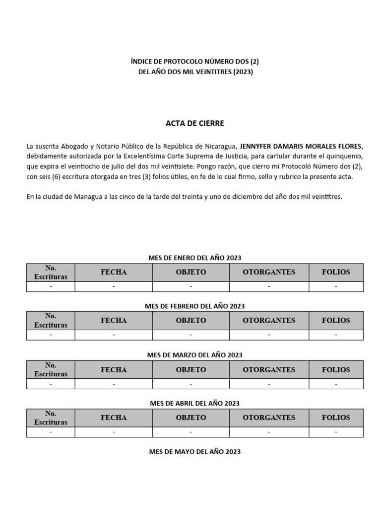 Acta de Cierre del Protocolo 2023 | PDF | Derecho Civil (Common Law ...