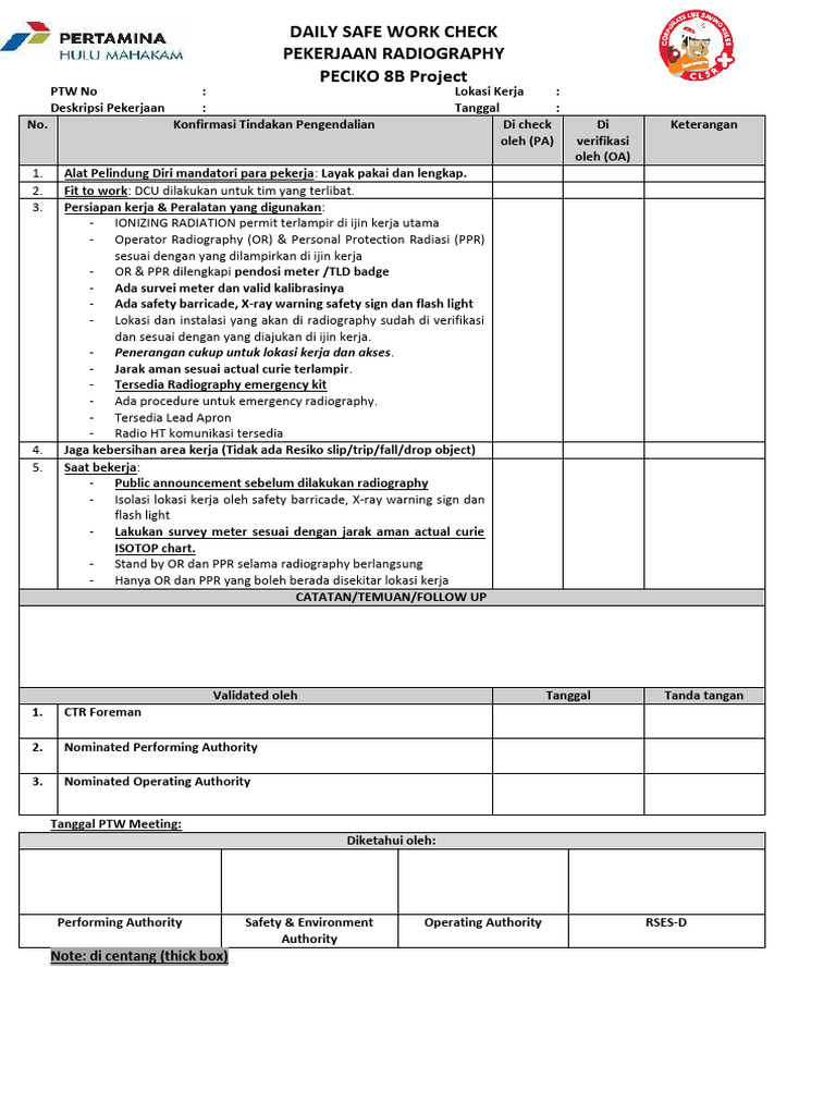 Daily Safe Work Check Radiography Rev 01 | PDF
