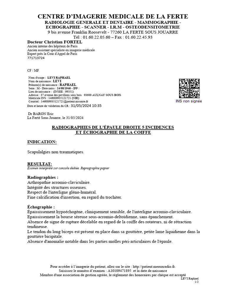 Compte Rendu Radiologique Épaule | PDF | Radiologie | Traitement de ...