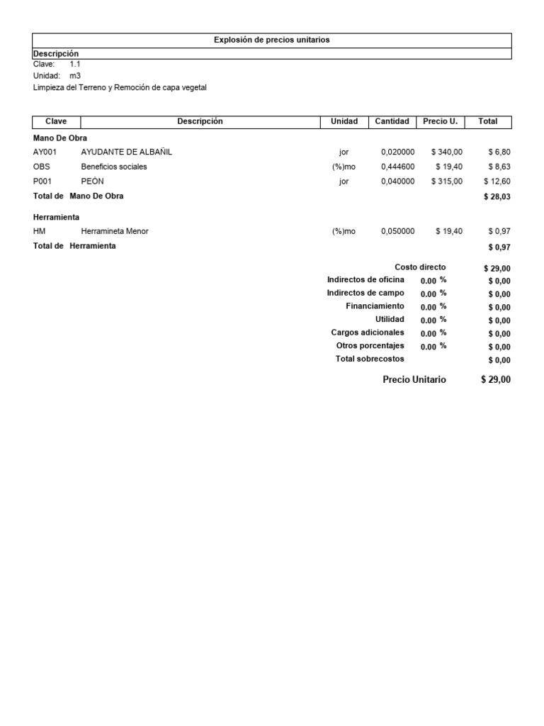 Explosión de Precios Unitarios 804000/12 | PDF | Economias | Factores ...