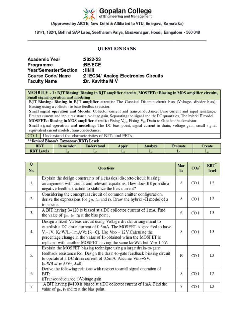 2 1 Qbank 2020 21 1 Aec Pdf Amplifier Bipolar Junction Transistor