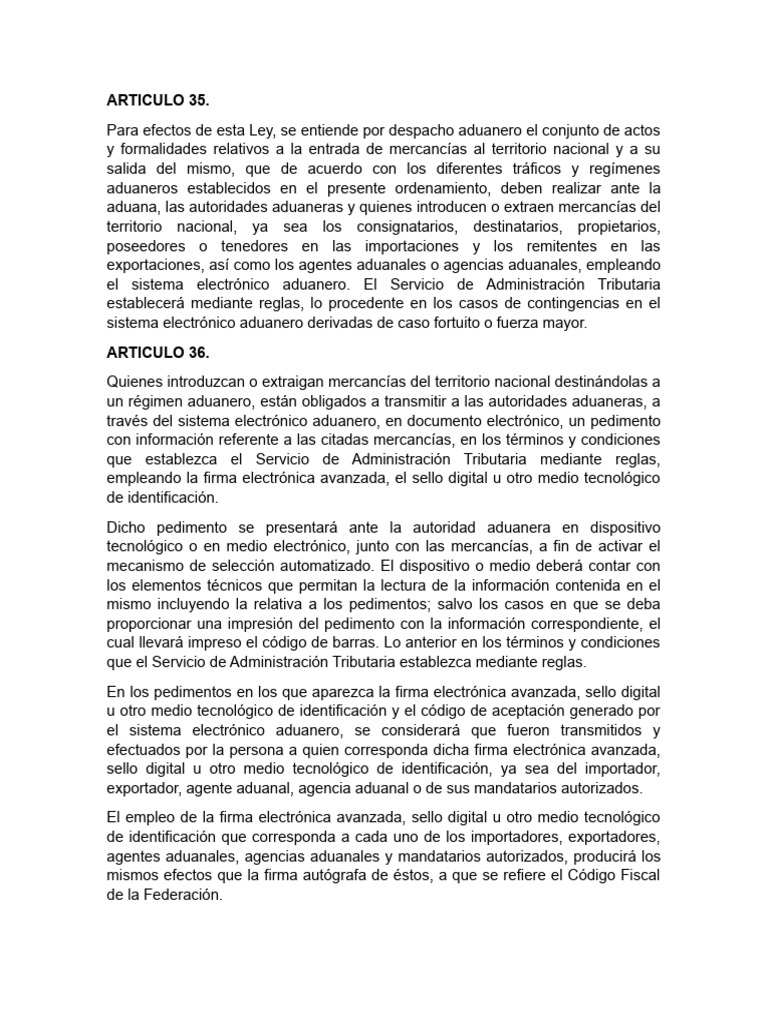 Artículos 35 y 36 de la Ley Aduanera | PDF