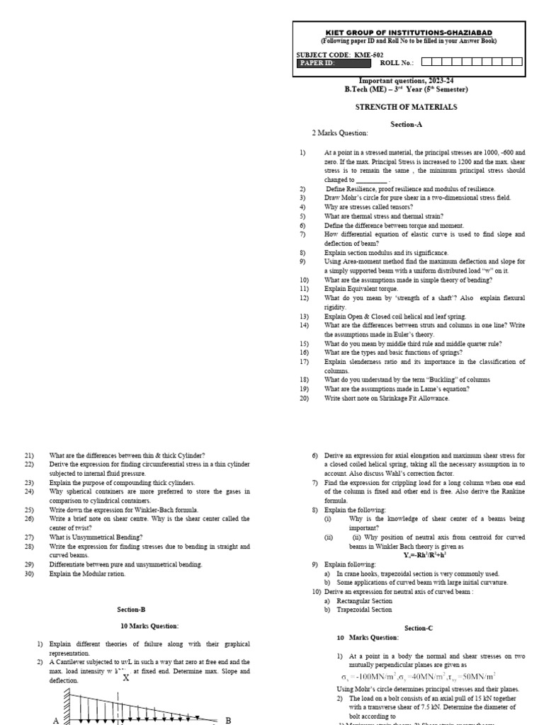 Important SOM Questions 2023-24 | PDF | Bending | Stress (Mechanics)
