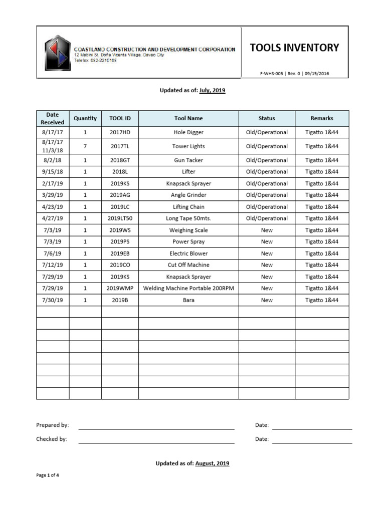 F-WHS-005 Tools Inventory - Rev 0 - 09152016 | PDF | Mechanical ...