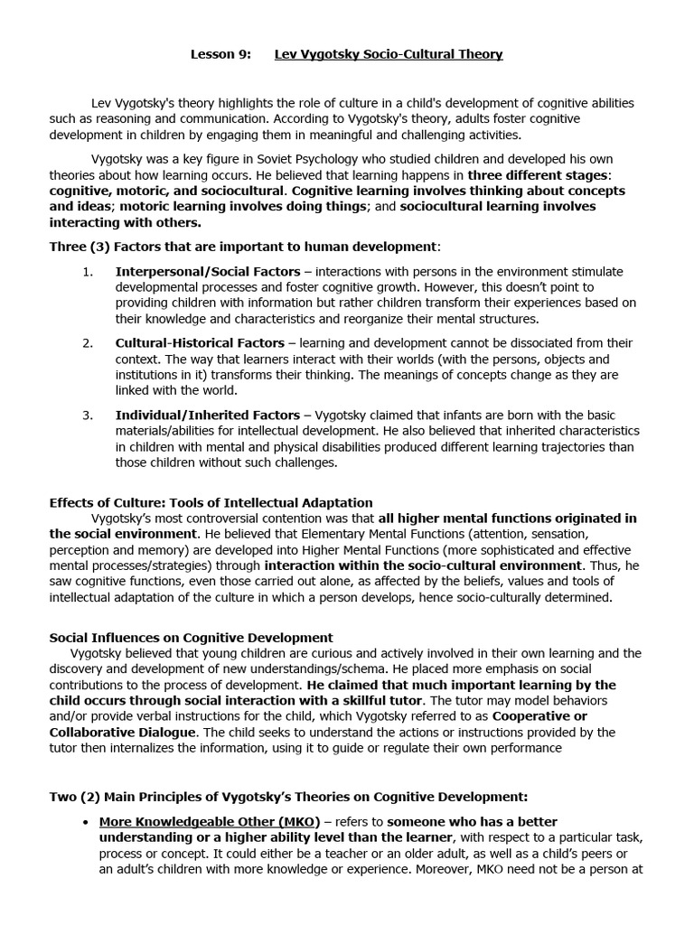 Lesson 9 Vygotsky Socio Cultural Theory AutoRecovered | PDF | Learning ...