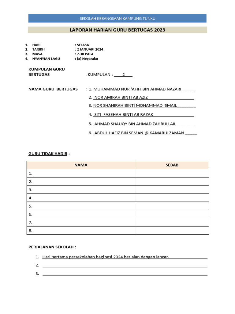 Laporan Guru Bertugas Mingguan 2023 Minggu 1 Pdf
