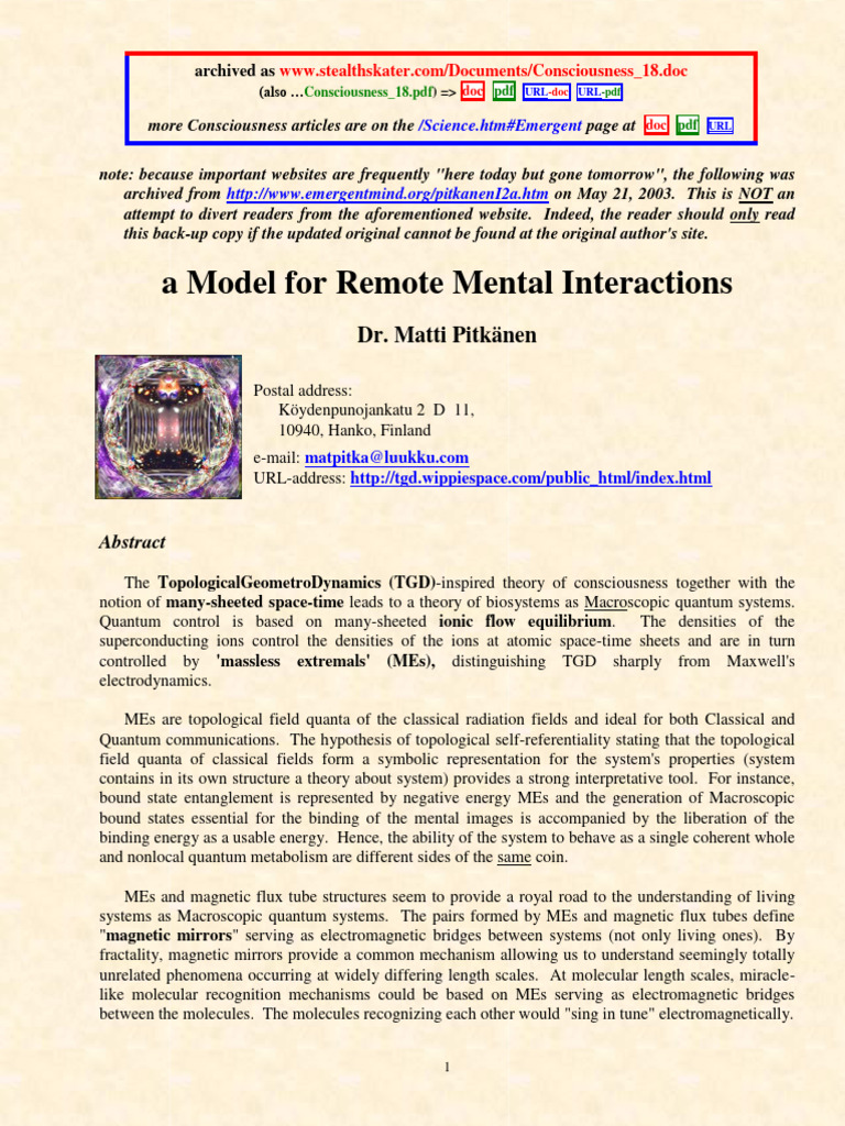 Remote Mental Interactions Model | PDF | Consciousness | Molecules