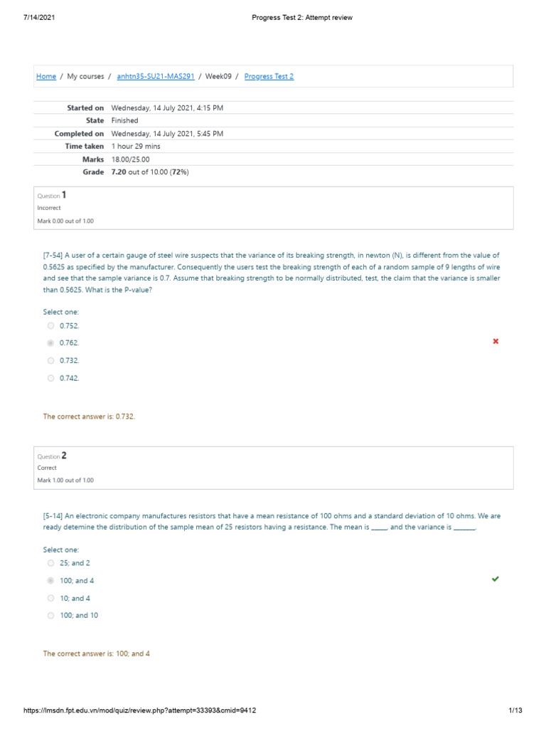 Progress Test 2 Attempt Review | PDF | Normal Distribution | Standard ...