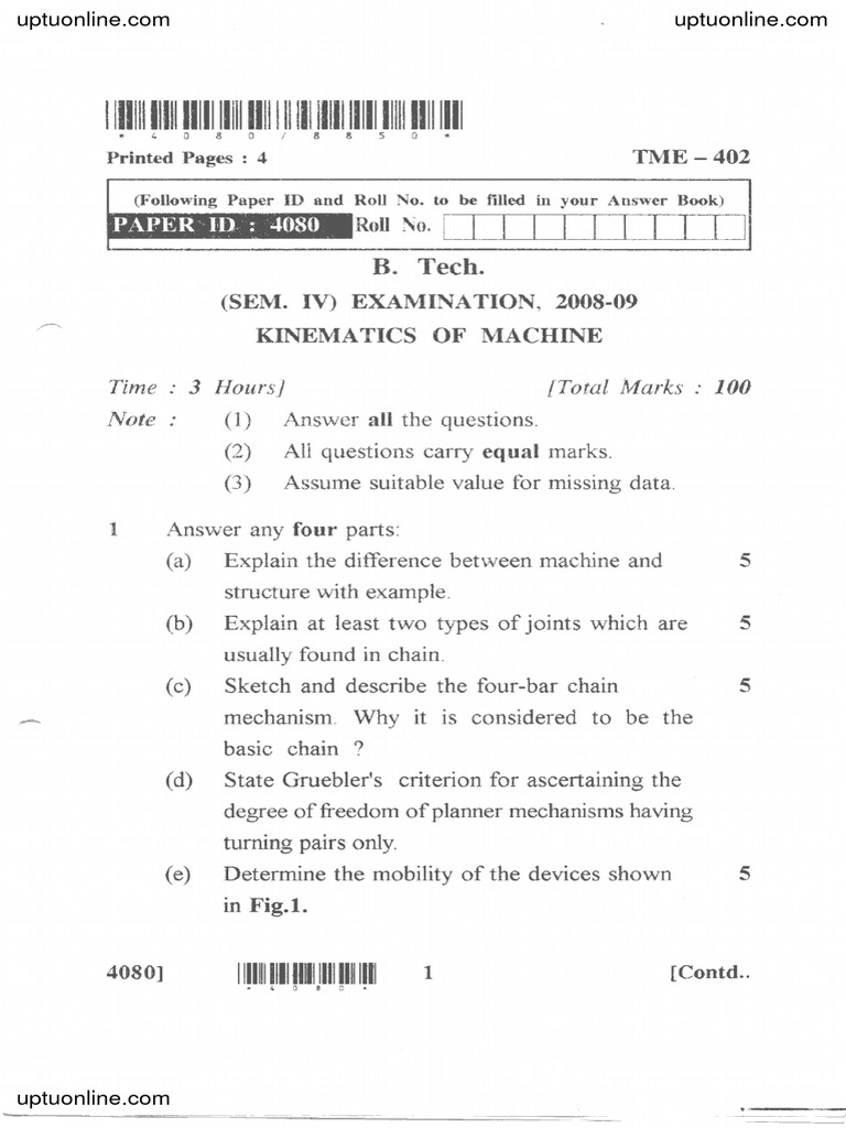Kinematics of Machines Exam Paper | PDF | Gear | Belt (Mechanical)