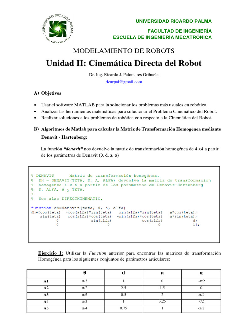 Cinematica Directa Del Robot - Matlab 2023-1 | Descargar gratis PDF ...