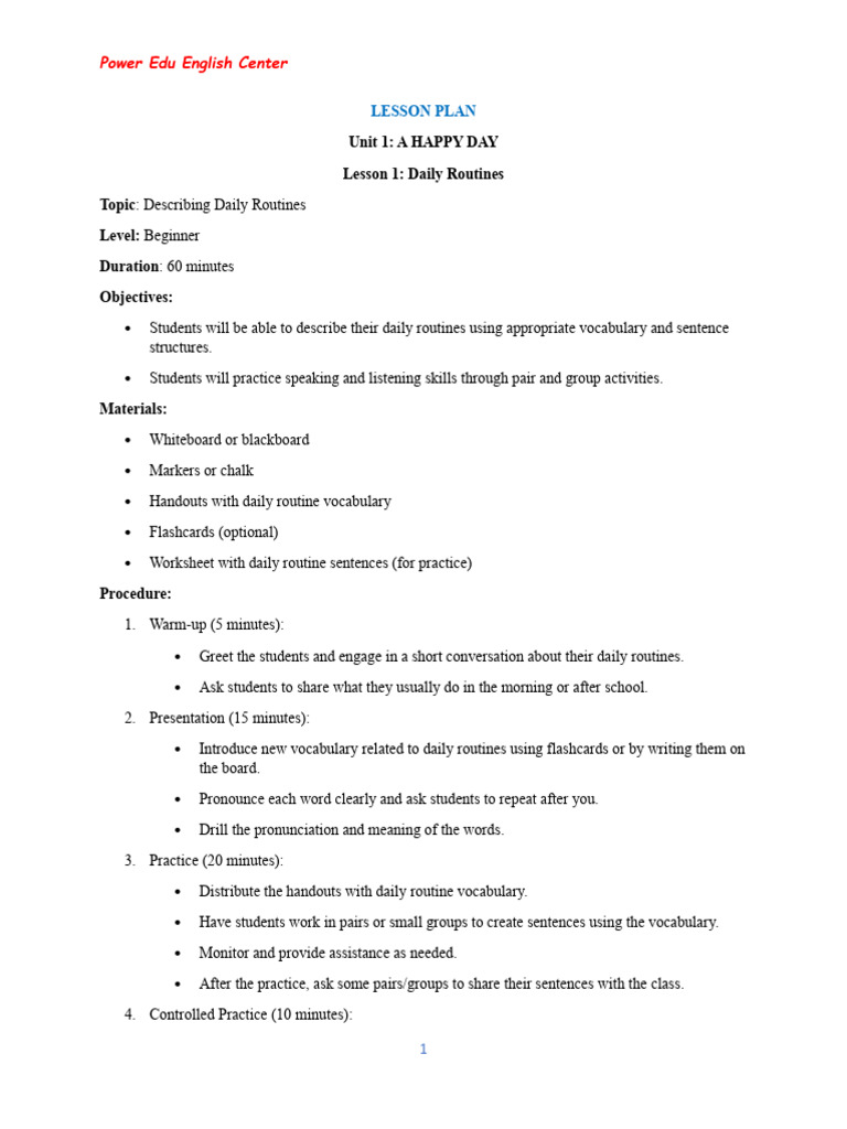 Daily Routines Lesson Plan for Beginners | PDF | Vocabulary | Lesson Plan