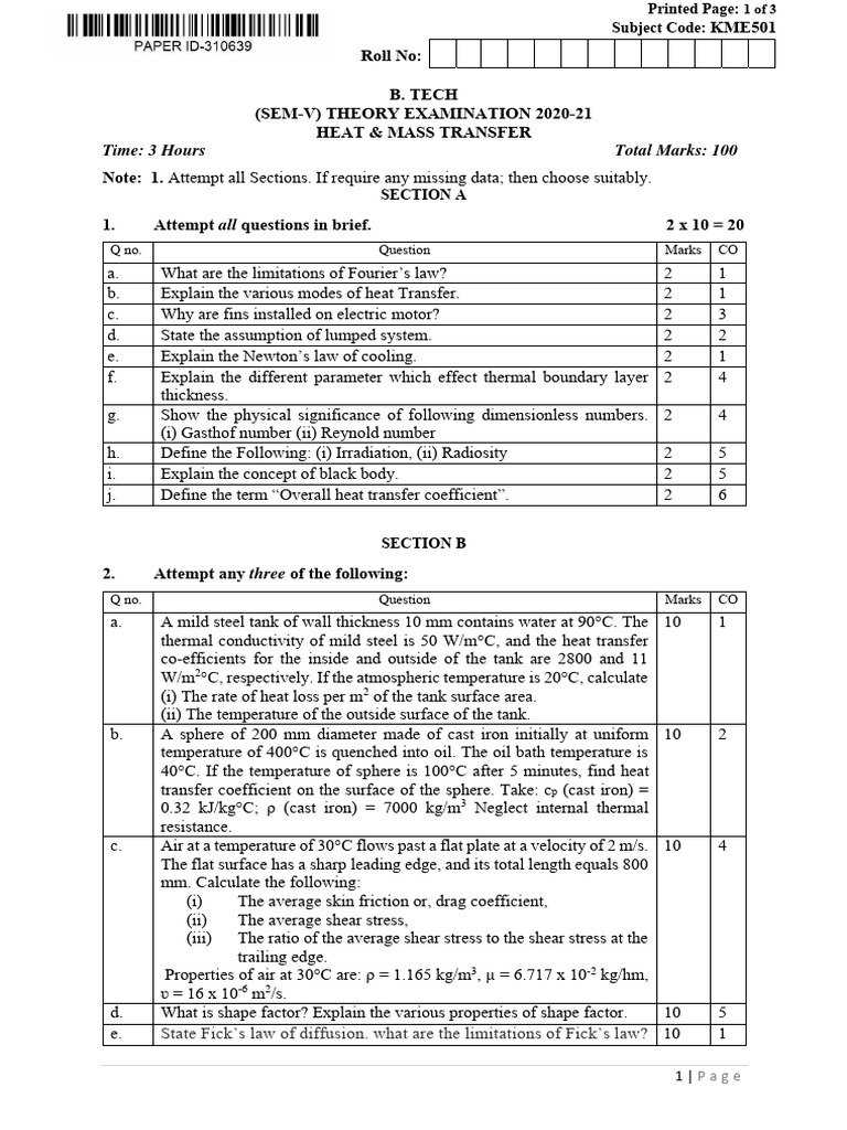 HMT Exam Question Paper 2020-21 | PDF | Heat Transfer | Heat