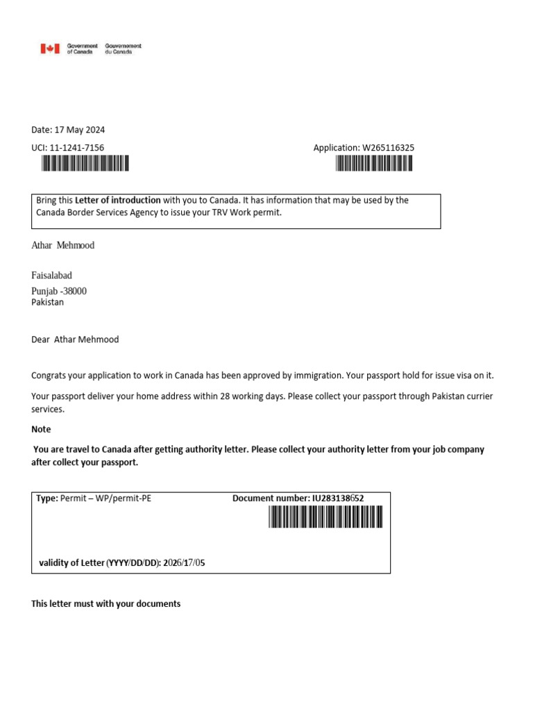 Canada Work Permit Approval Notice | PDF