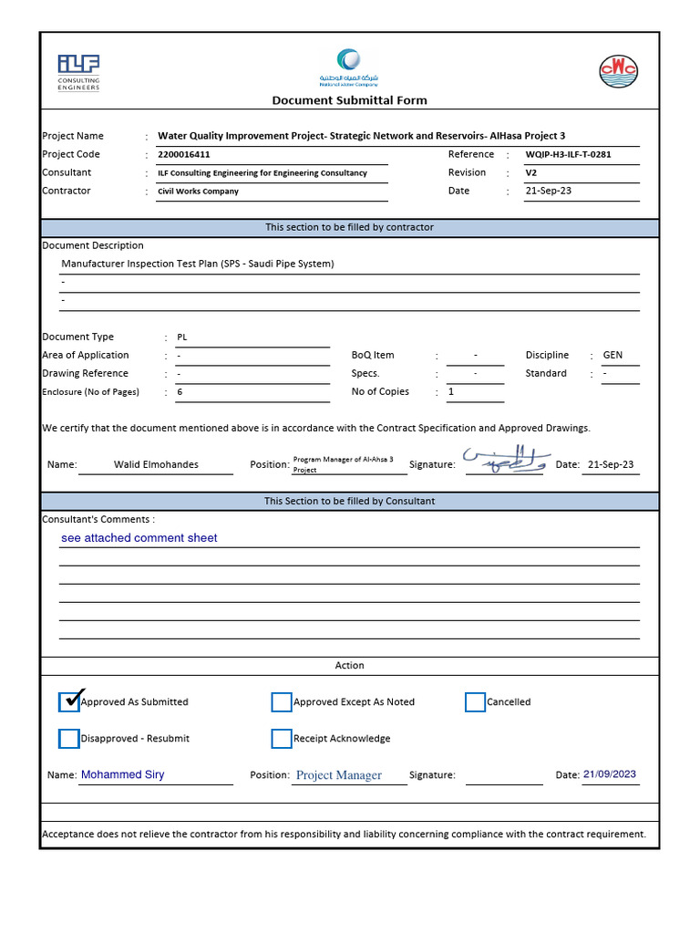 WQIP-H3-ILF-T-0281 V2, Manufacturer Inspection Test Plan (SPS - Saudi ...