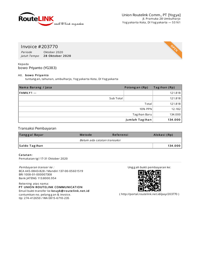 Invoice Pembayaran PT Union Routelink | PDF