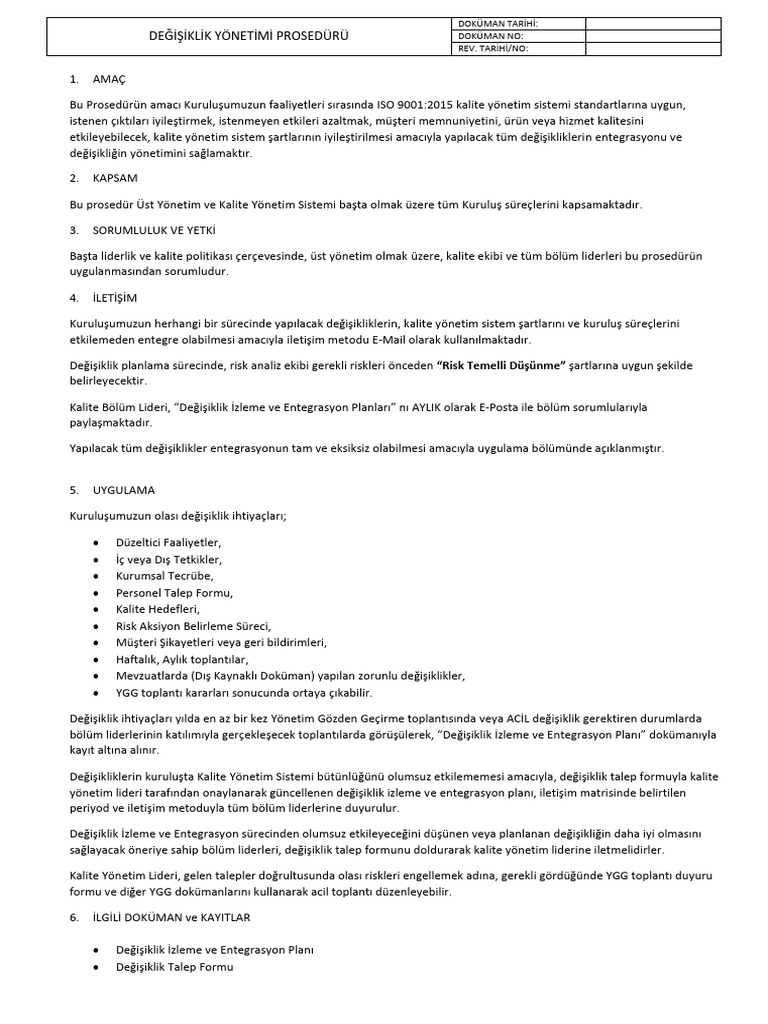Iso 9001 2015 Degisiklik Yonetim Proseduru Pdf
