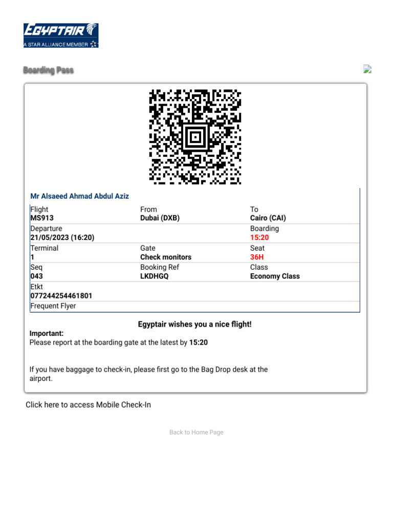 Egyptair Online checkin PDF