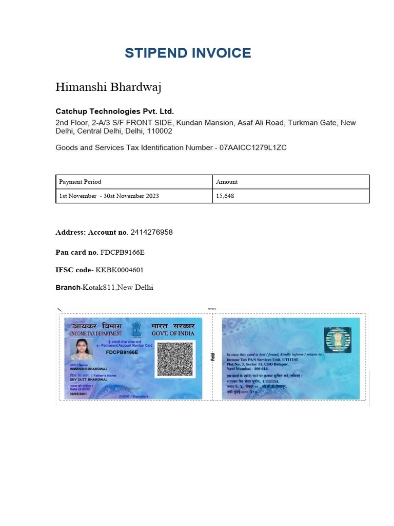 Himanshi Bhardwaj - Stipend Invoice (NOV) | PDF | Finance & Money ...