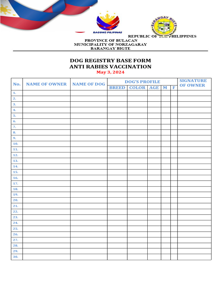 Dog Registry and Vaccination Form | PDF
