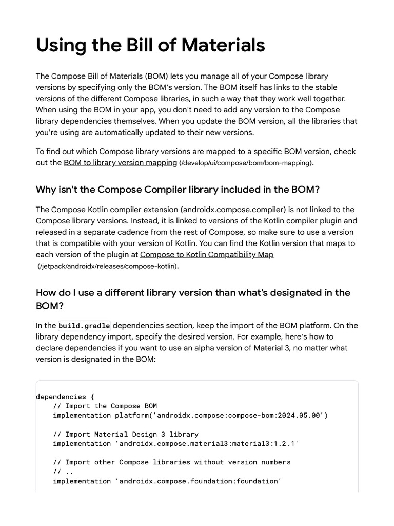 Using the bill of materials jetpack compose android developers
