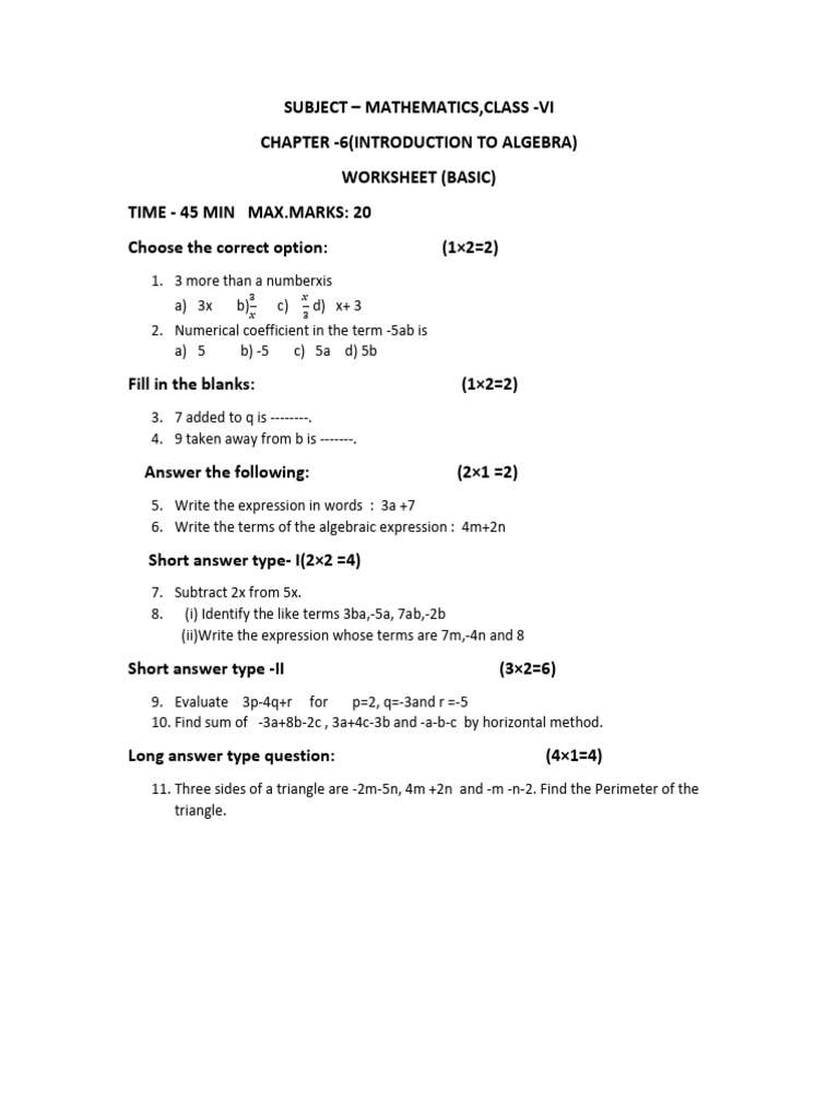 Class 6 Algebra Worksheet | PDF | Teaching Methods & Materials ...