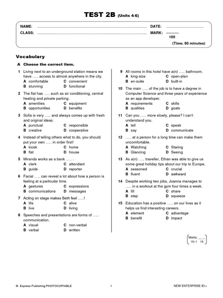New Enterprise B1+ Test 2B | PDF | Videotelephony | Communication