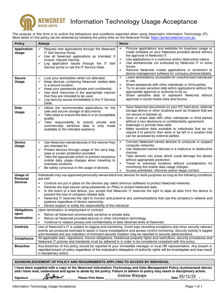 Information Technology Usage Acceptance (Form) | PDF | Malware ...