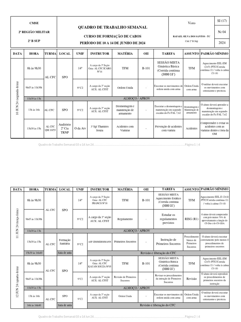 Quadro de Trabalho Semanal - CFC 2024 | PDF
