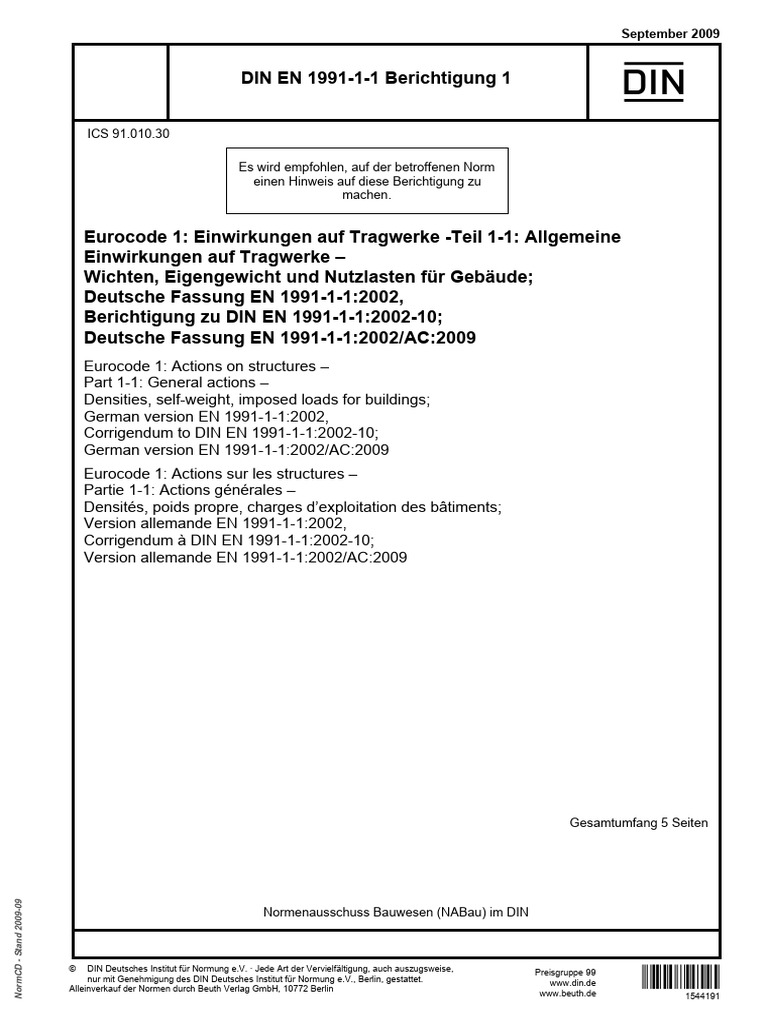 DIN EN 1991-1-1 Berichtigung 1 (2009) | PDF
