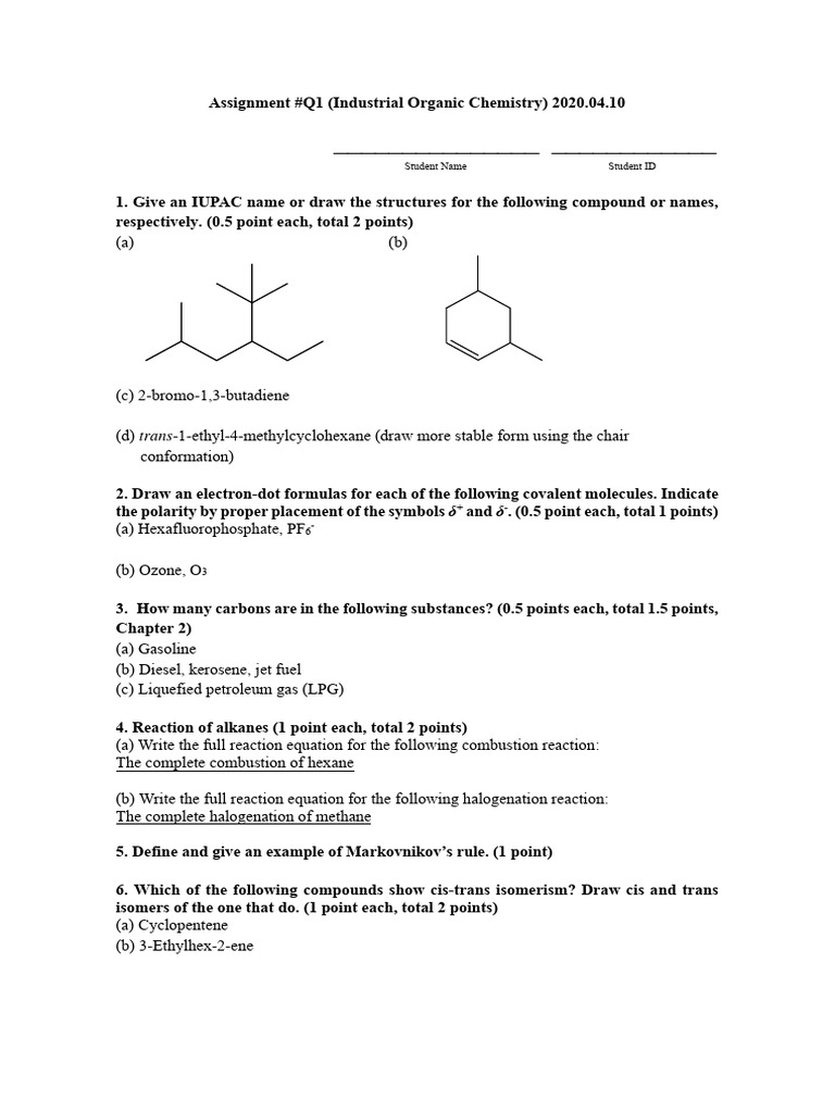 Industrial Organic Chemistry Assignment Q1 | PDF | Chemical Reactions ...