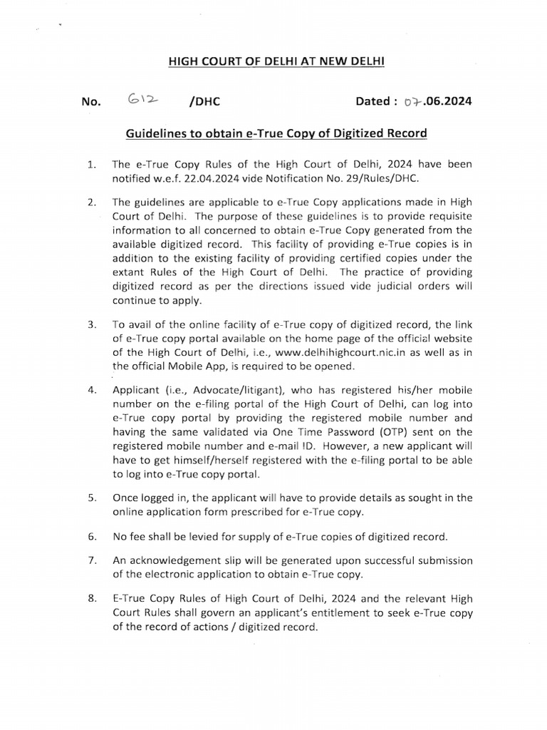 Guidelines to Obtain e True Copy of Delhi High Court PDF Justice