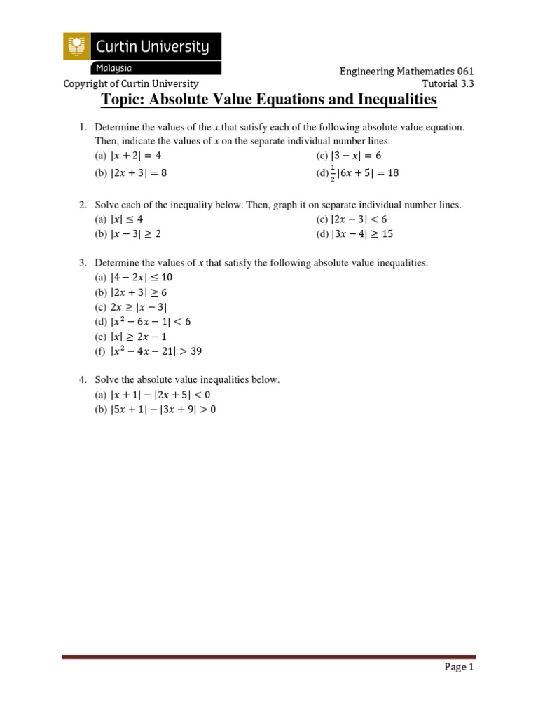 Absolute Value Equations & Inequalities Guide | PDF