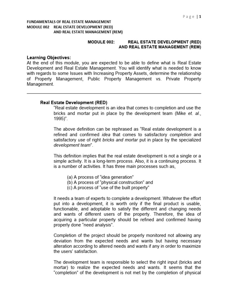 Module 002 Real Estate Development Real Estate Mamangement Pdf