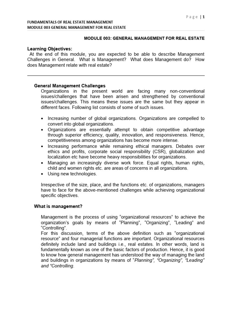 Module 003 General Management For Real Estate | PDF | Goal | Human ...