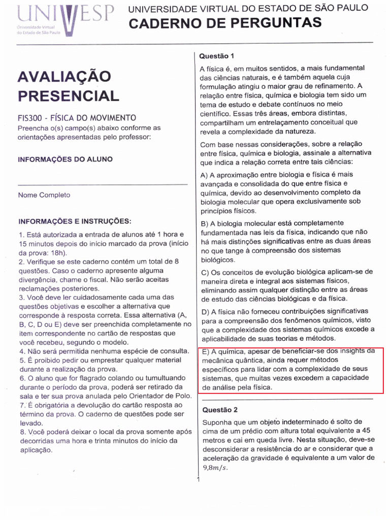 Prova 3 Fisica Do Mov. | PDF