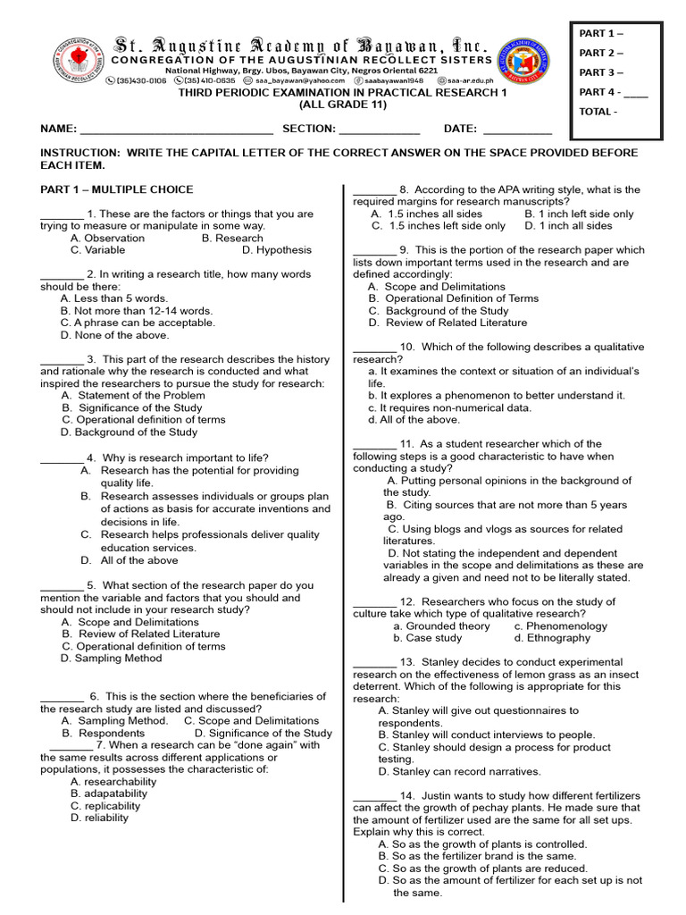 THIRD PERIODIC EXAM PRACTICAL RESEARCH 1 Final | PDF | Qualitative ...