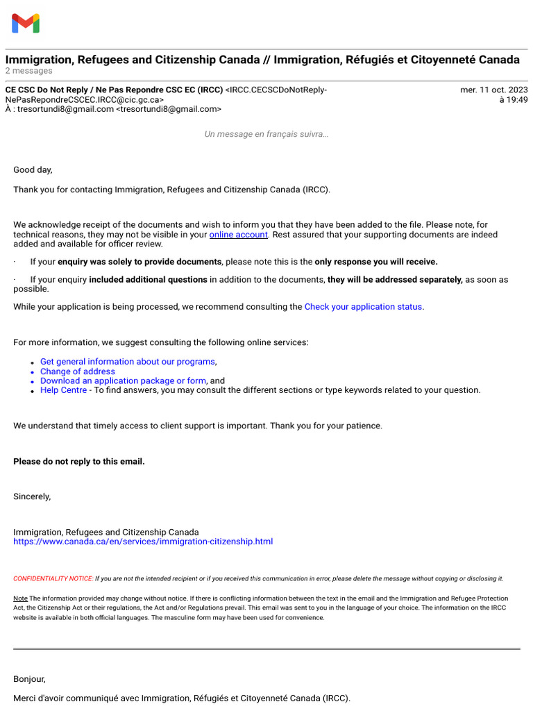 IRCC: Confirmation de Réception de Documents | PDF | Migration humaine ...