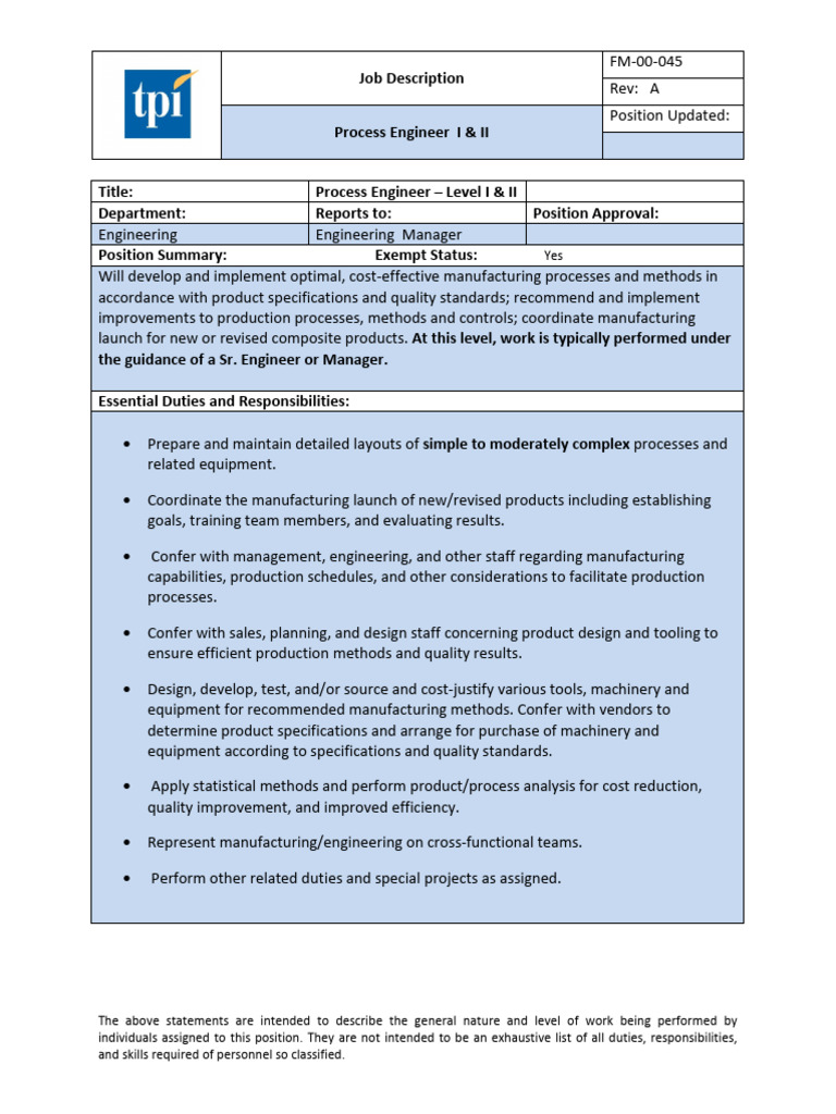 Process Engineer I II Job Description | PDF | Engineering ...