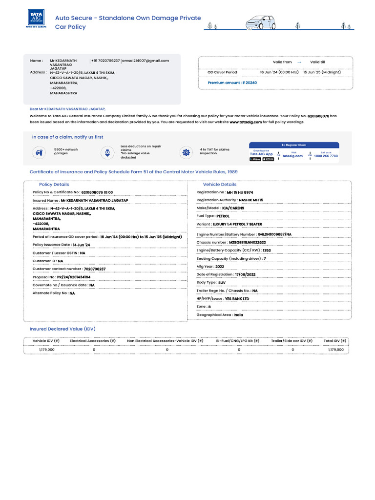 Tata AIG Motor Policy Schedule 3184 6201608076 PDF Insurance