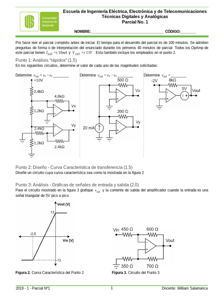 UIS - 2019 - 1 -Técnicas Digitales y Analógicas - Parcial 1 - Tema B | PDF