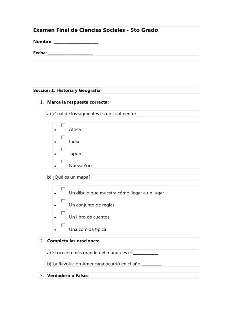 Examen Final de Ciencias Sociales 5to Grado | PDF | Deforestación ...