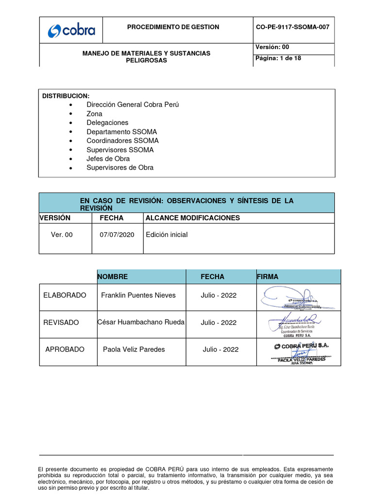 Procedimiento para Manejo de Materiales Peligrosos | PDF | Residuos ...