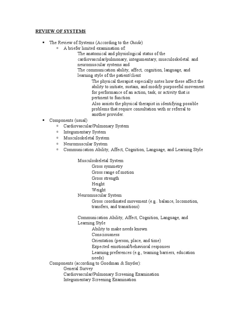 Comprehensive Review of Systems Guide | PDF | Balance (Ability) | Thorax