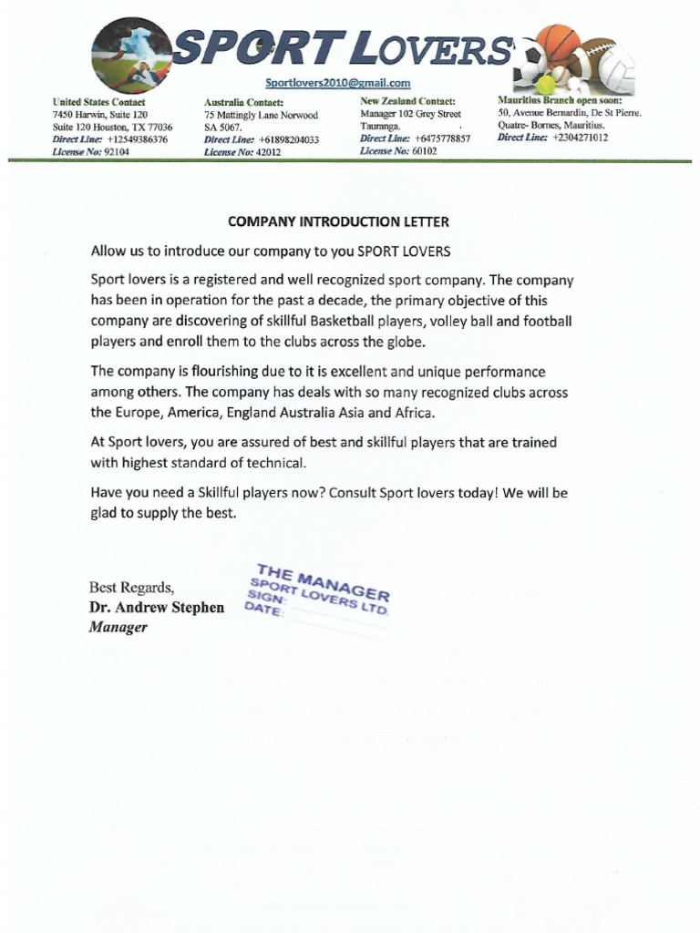 Sport Lovers Introduction Letter | PDF
