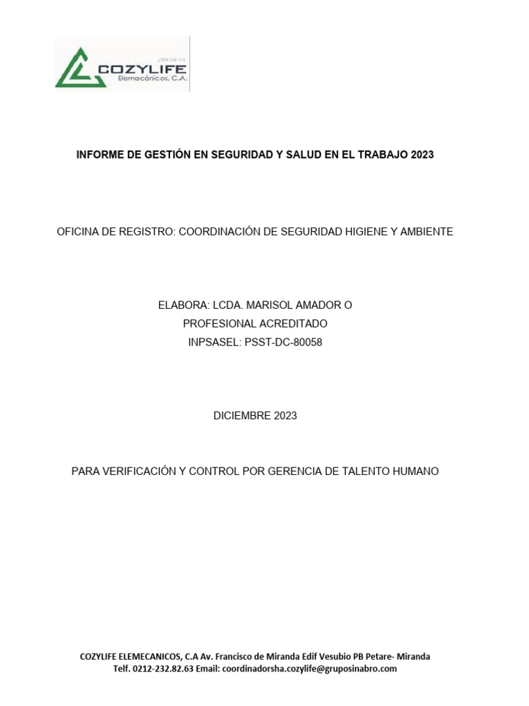 Informe de Gestión 2023 en Seguridad Laboral | PDF | Seguridad y salud ...