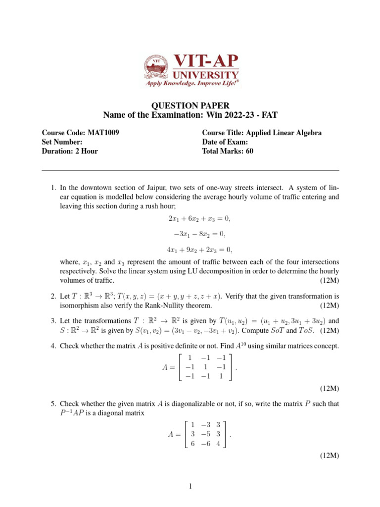 Very Imp Question Papers | PDF | Matrix (Mathematics) | Mathematical ...