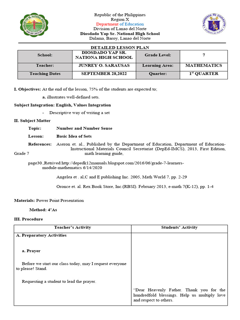Math 7, Lesson Plan, Illustrating A Well Define Set 2 | PDF