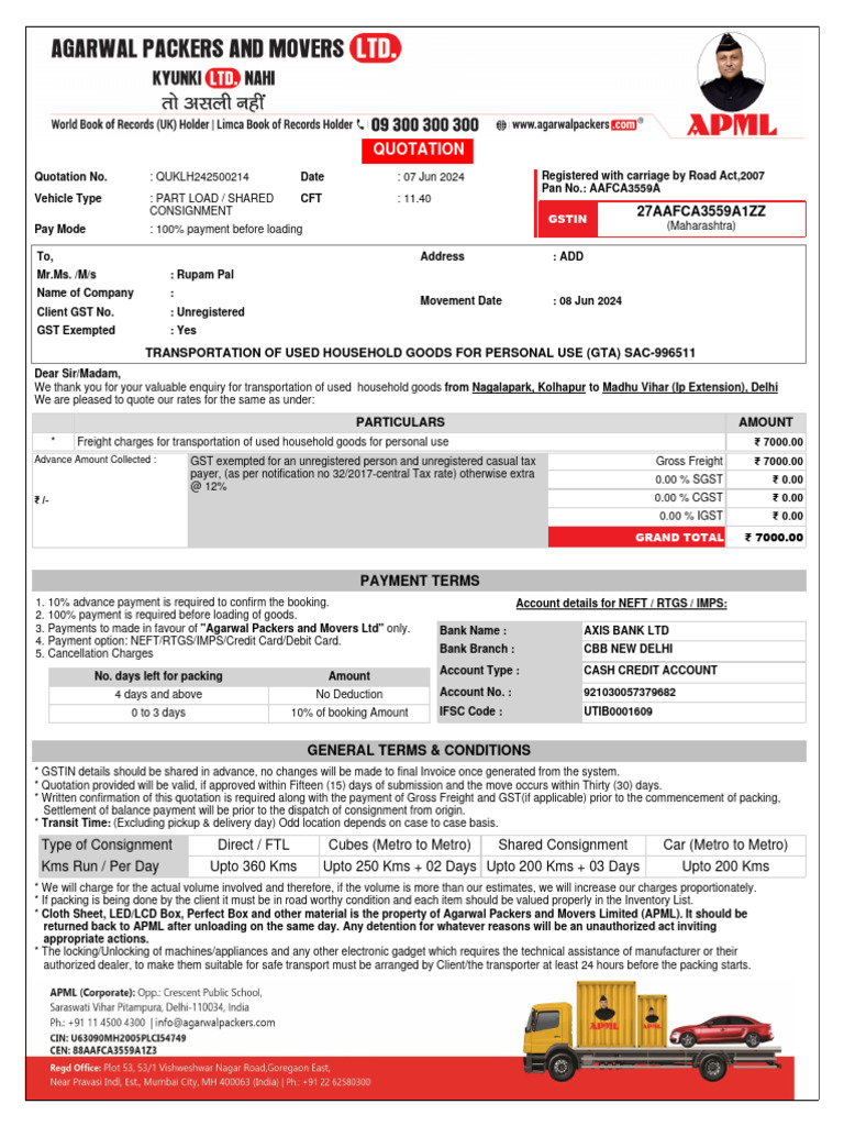 Quotation for Household Goods Transport | PDF | Vehicle Insurance