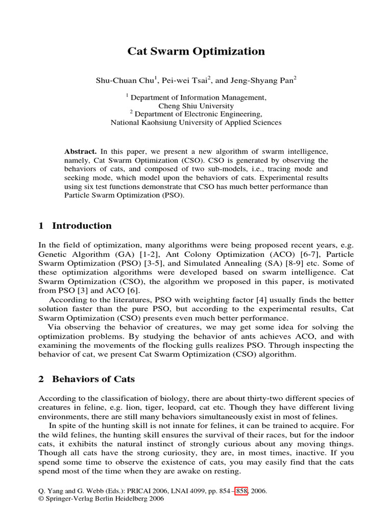 Cat Swarm Optimization Algorithm | PDF | Mathematical Optimization ...