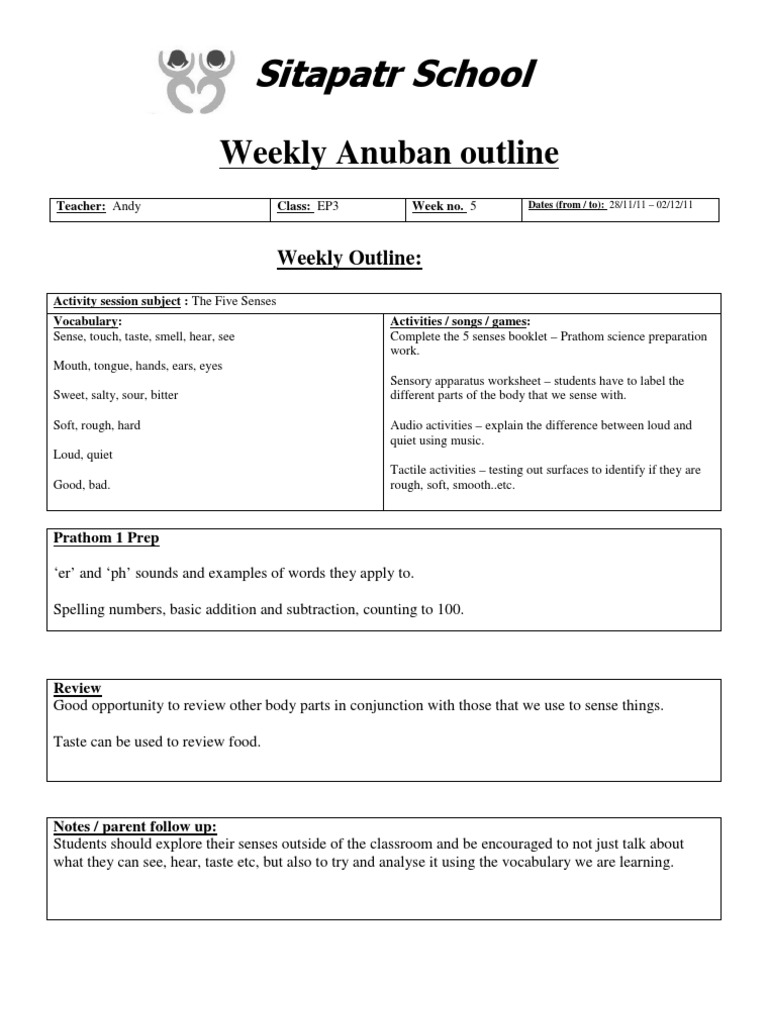 Weekly Lesson Plan: The Five Senses | PDF